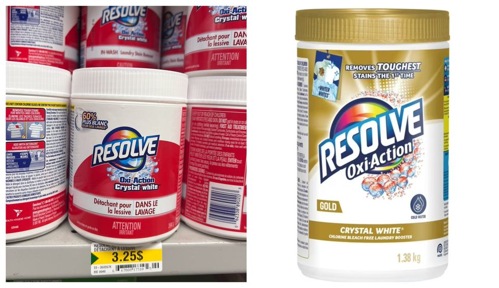 Resolve Oxi-Action Crystal White au Dollarama. Droite : Resolve Oxi-Action Crystal White sur le site de Walmart.