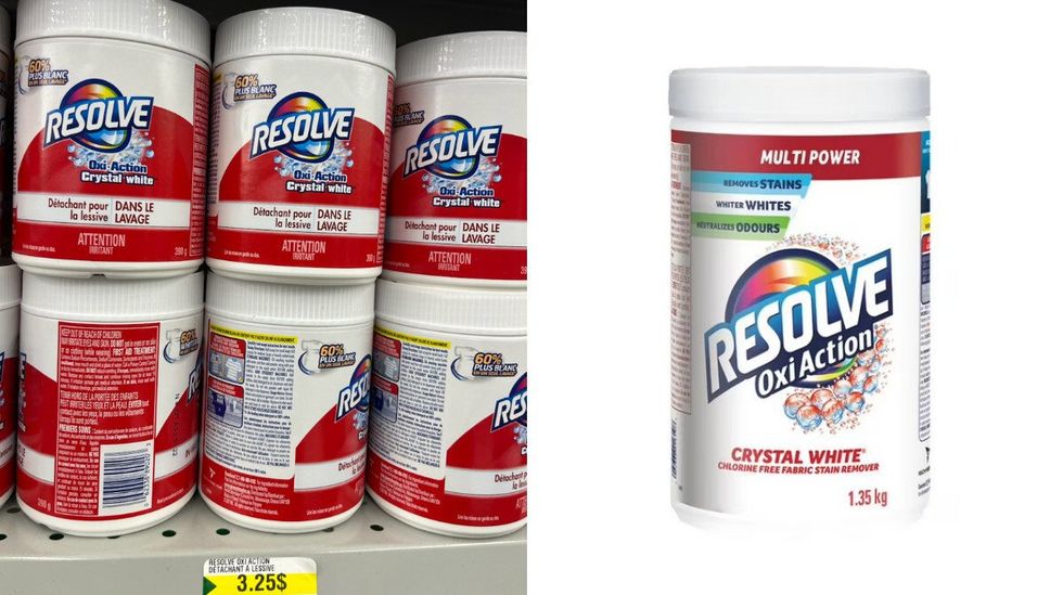 Resolve Oxi-Action Crystal White au Dollarama. Droite : Resolve Oxi-Action Crystal White sur le site de Walmart.