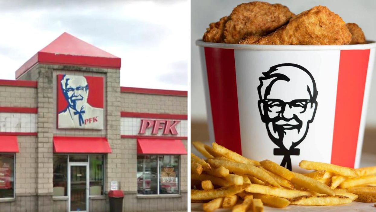 Restaurant PFK à Québec. Droite : Baril de poulet frit du PFK. 