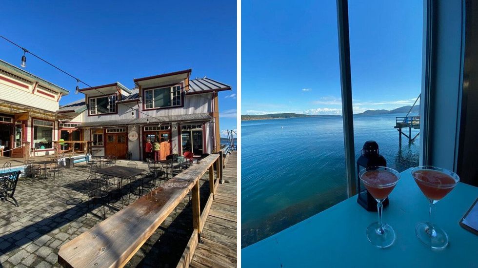 Restaurants and shops near the water. Right: A couple of cocktails sitting on a table in front of a window with ocean views.