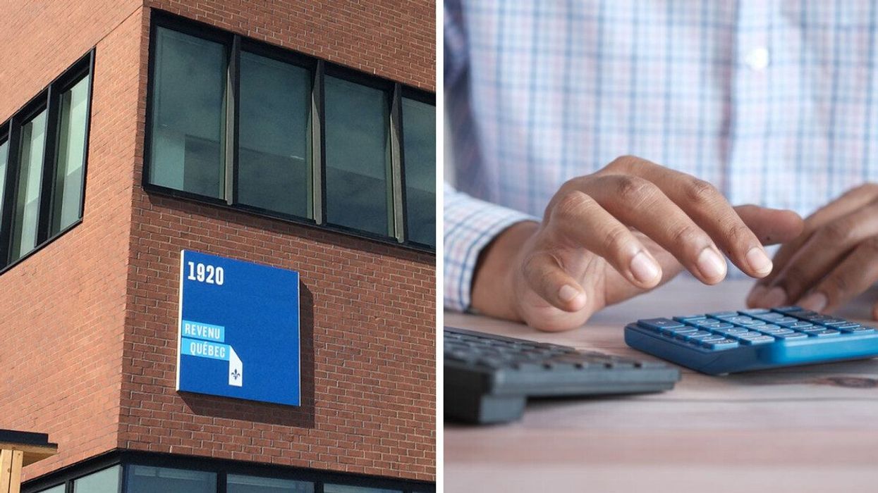 Revenu Québec. Droite : Personne qui calcule sur une calculatrice.