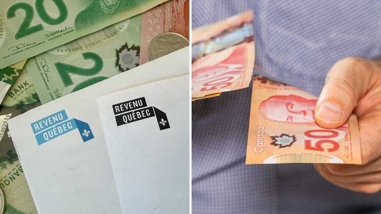 Revenu Québec et de l'argent. Droite : un homme qui tend de l'argent canadien.
