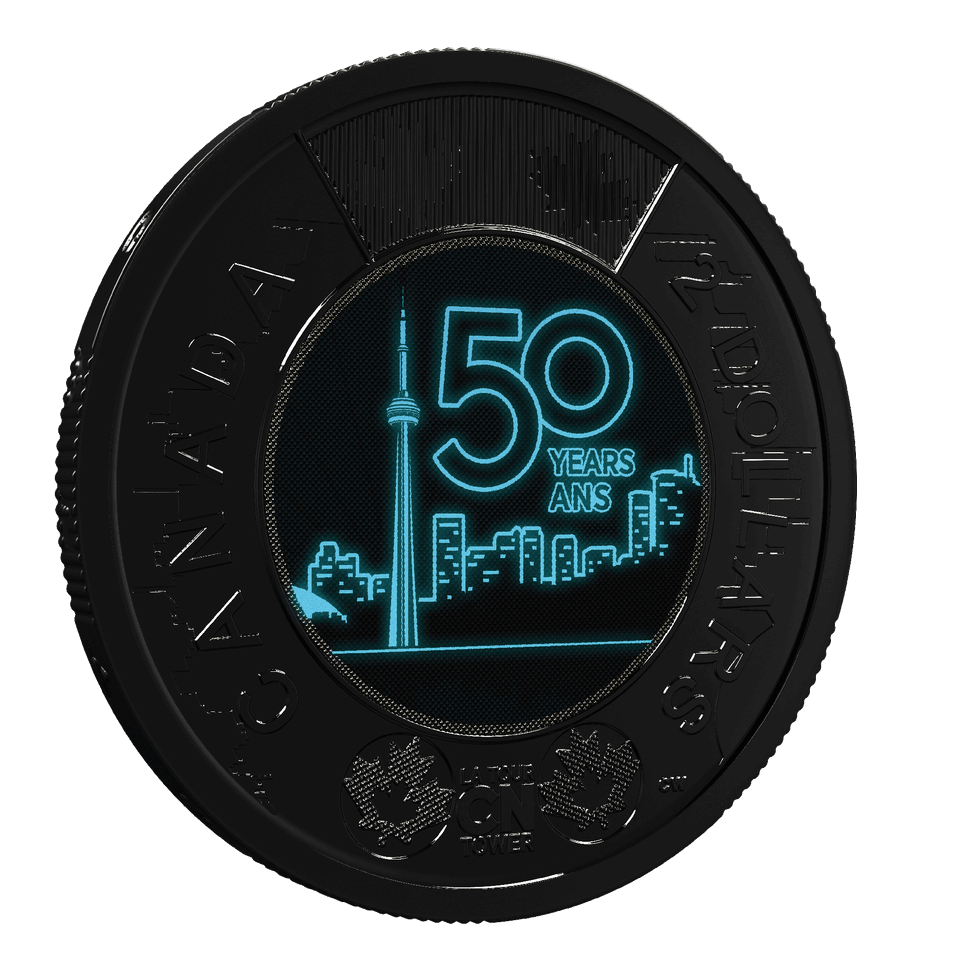 reverse of 2026 $2 50th Anniversary of the CN Tower Coin glowing in the dark