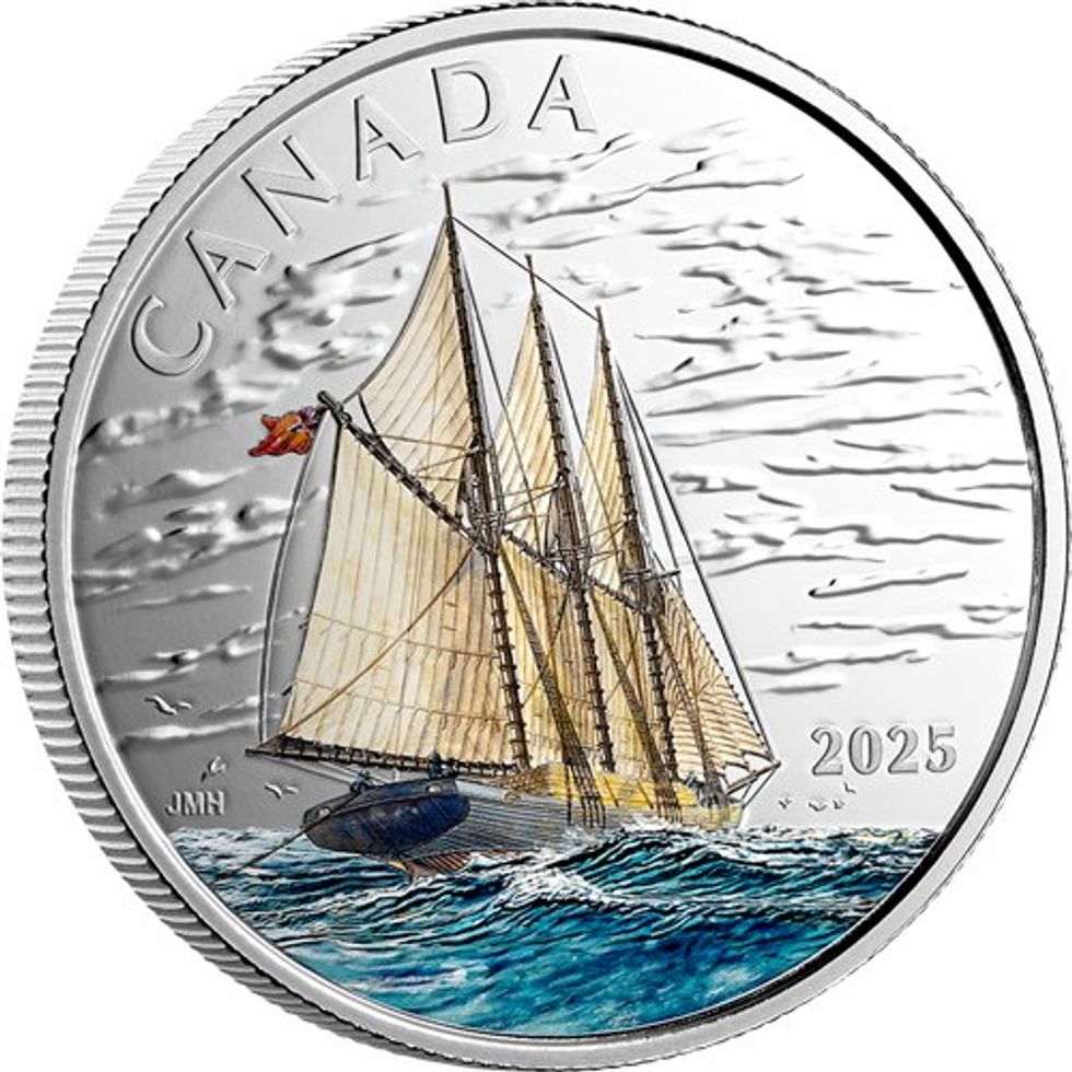 reverse side of tall ships three master schooner fine silver coin from royal candaian mint