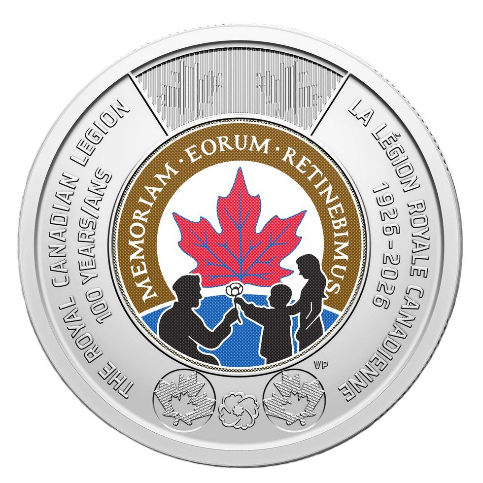 reverse side of the colourized version of the 100th Anniversary of The Royal Canadian Legion coin