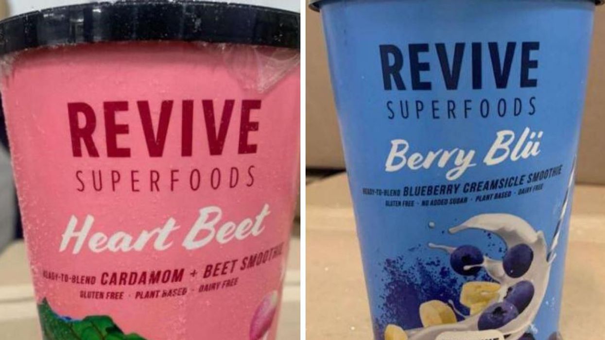 Revive Superfoods recalled Heart Beet Smoothie. Right: Revive Superfoods recalled Berry Blü Smoothie.