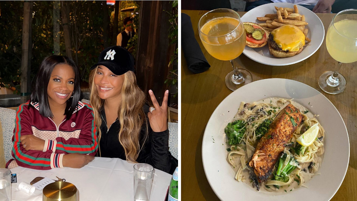 RHOA cast members Kandi and Cynthia out at dinner. Right: A plate of pasta and a burger with cocktails from 10th & Piedmont.