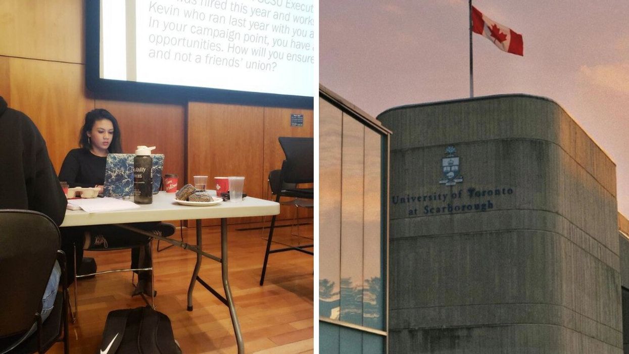 Rhythm Sachdeva at a university club event. Right: UTSC building.