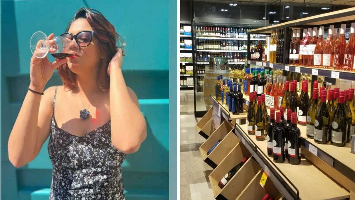 Rhythm Sachdeva drinking wine. Right: Liquor department in retail store in Canada.