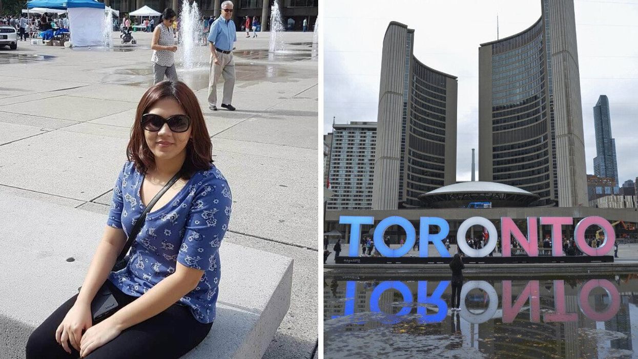 Rhythm Sachdeva in 2016. Right: Nathan Phillips Square.