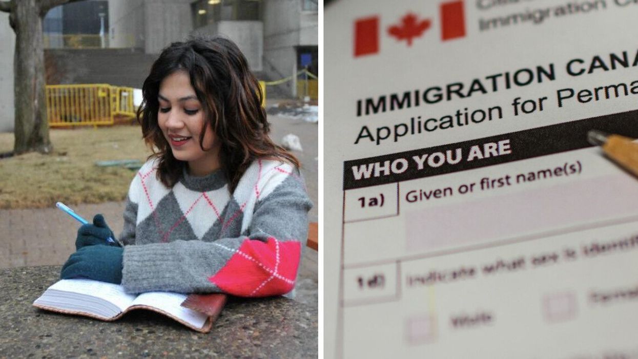 Rhythm Sachdeva with a notebook. Right: IRCC PR application.