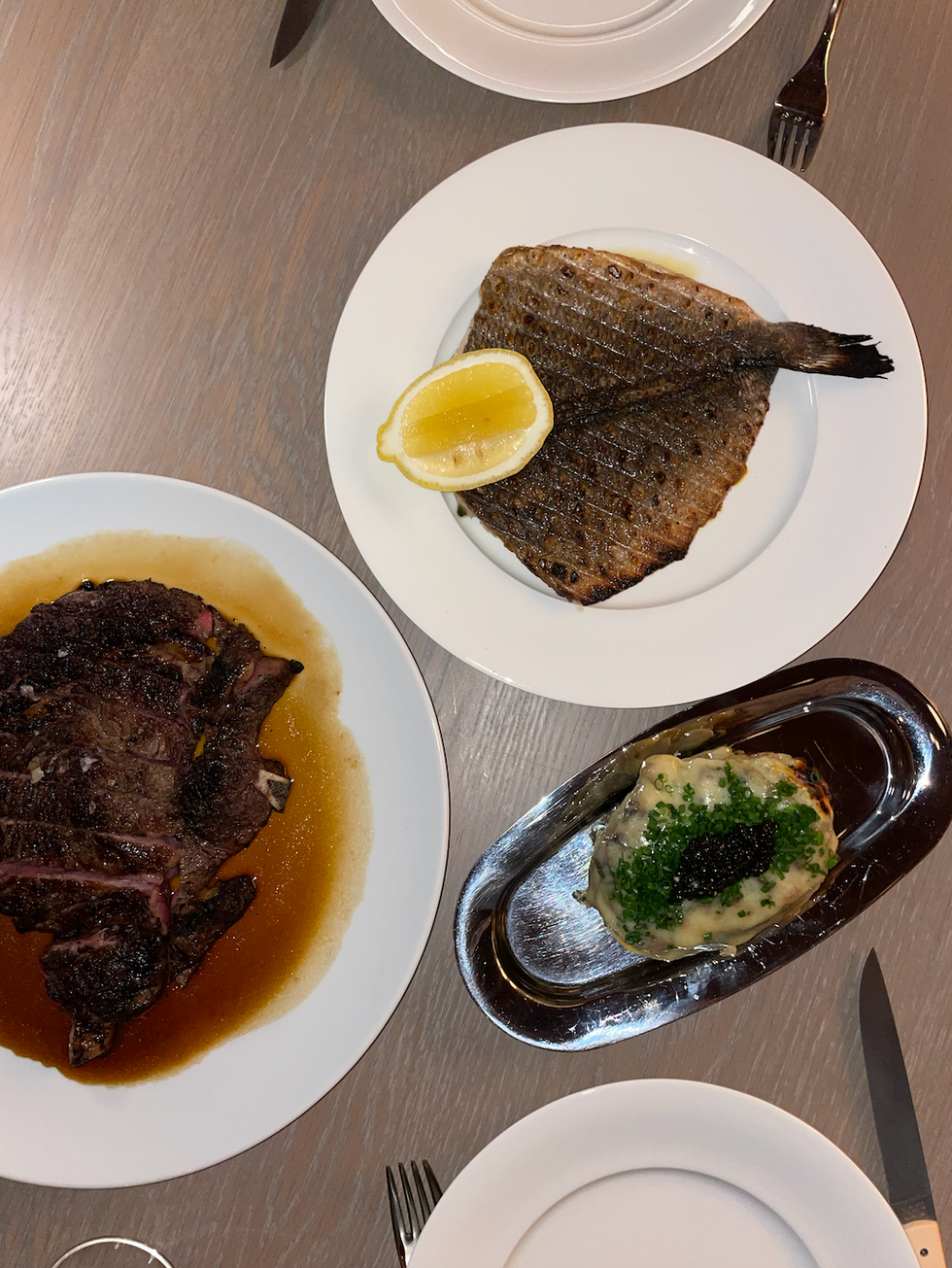 Rib eye, Daphne potato and sea bream.