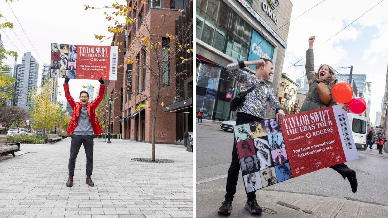 Rick Campanelli in a sparkly red blazer holds up a giant Taylor Swift | The Eras Tour ticket. Right: Two winners celebrate scoring Taylor Swift | The Eras tour tickets.