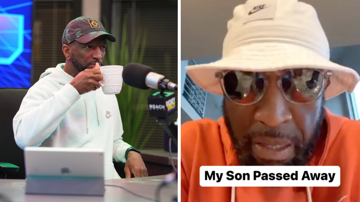 Rickey Smiley in the studio. Right: Rickey Smiley making the announcement about his son.