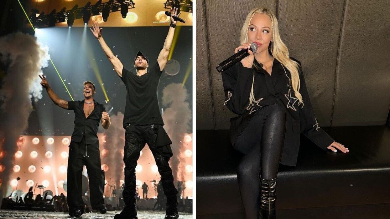 Ricky Martin and Enrique Iglesias on stage. Right: Singer MacKenzie Porter holding a microphone.