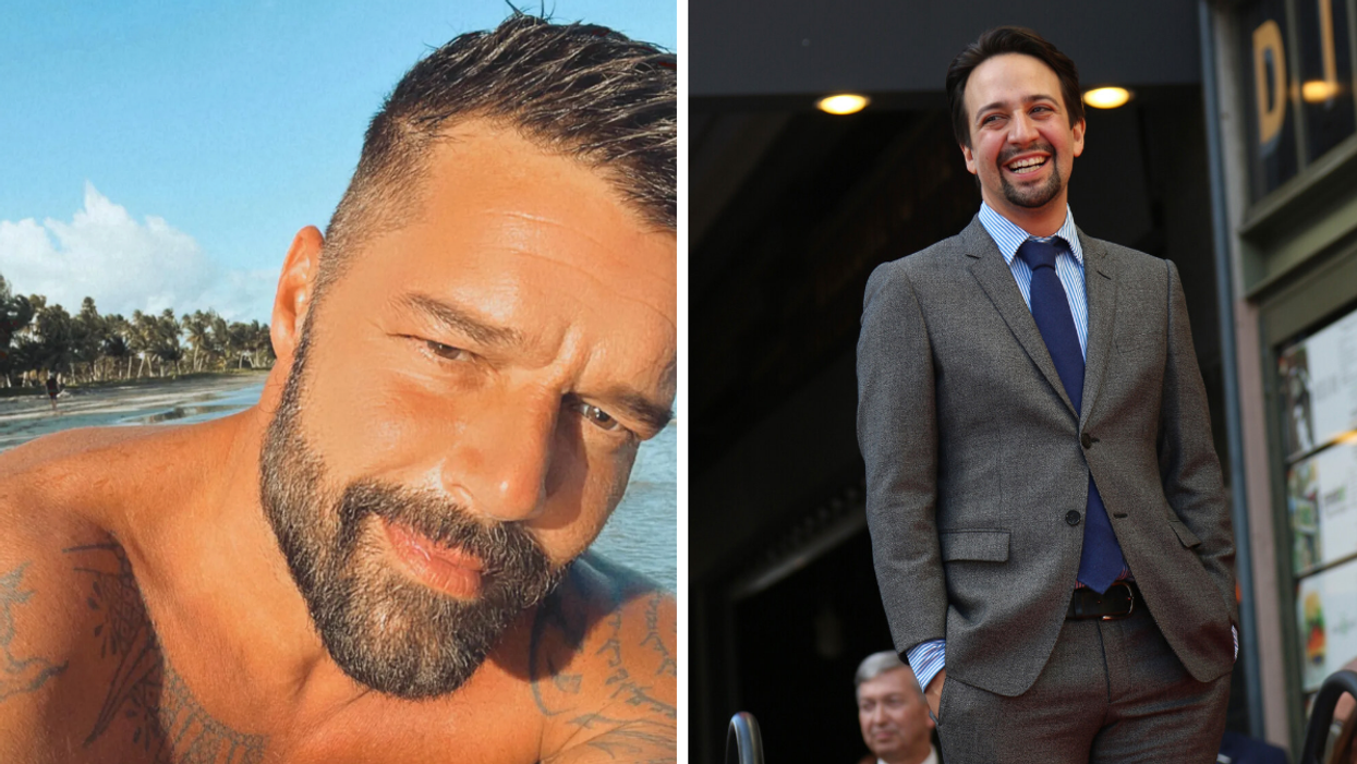 Ricky Martin at a beach in Puerto Rico. Right: Lin-Manuel Miranda in a suit and tie.