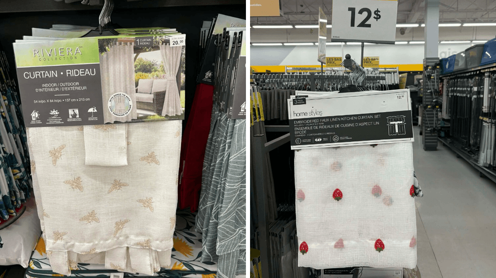 Rideau avec motifs d'abeilles au Tigre G\u00e9ant. Droite : Rideau avec motifs de fraise au Tigre G\u00e9ant.