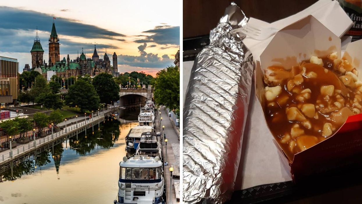 Rideau Canal. Right: A 3 Brothers shawarma and poutine.