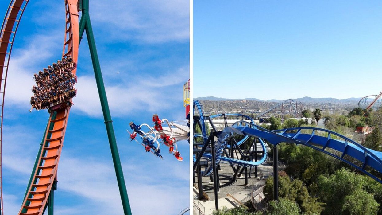 Rides at Canada's Wonderland. Right: A roller coaster at Six Flags Magic Mountain.