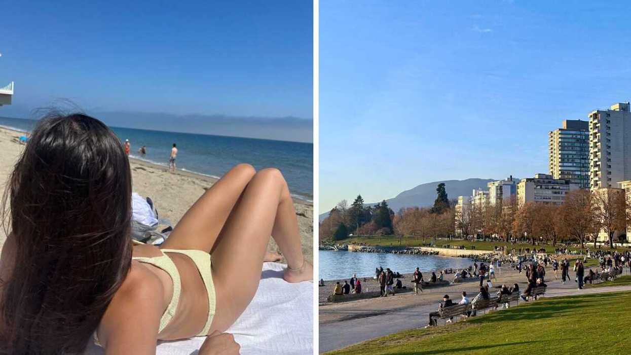 Right: Girl in yellow bikini with tan lays on white bath towel on the beach by the ocean. Right: Downtown Vancouver beach shoreline with people and buildings in the background.