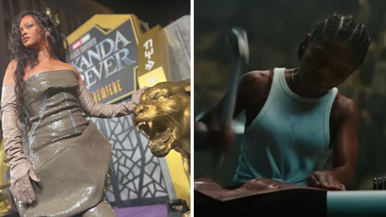 Rihanna at the "Black Panther: Wakanda Forever" premiere. Right: Dominique Thorne as Riri Williams/Ironheart in "Black Panther: Wakanda Forever."