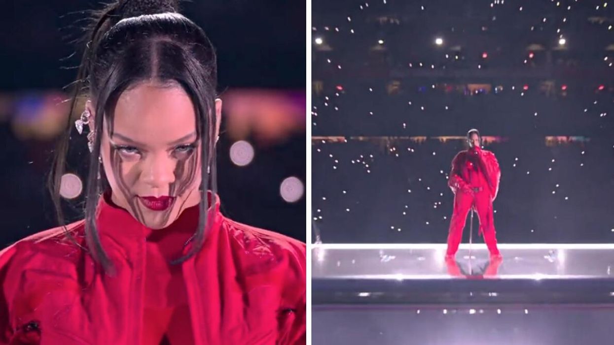 Rihanna during her Super Bowl Halftime performance on Feb. 12, 2023.