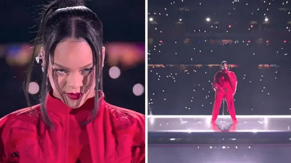 Rihanna during her Super Bowl Halftime performance on Feb. 12, 2023.
