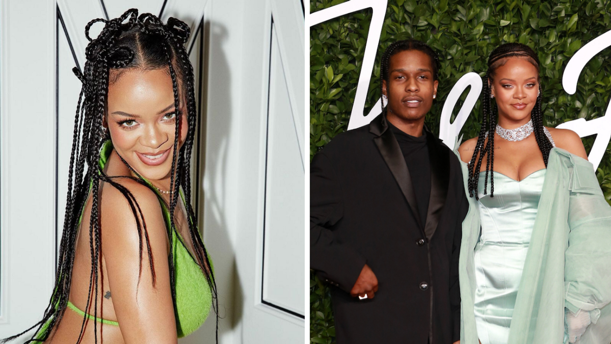 Rihanna in a green outfit. Right: A$AP Rocky and Rihanna at a red carpet event.