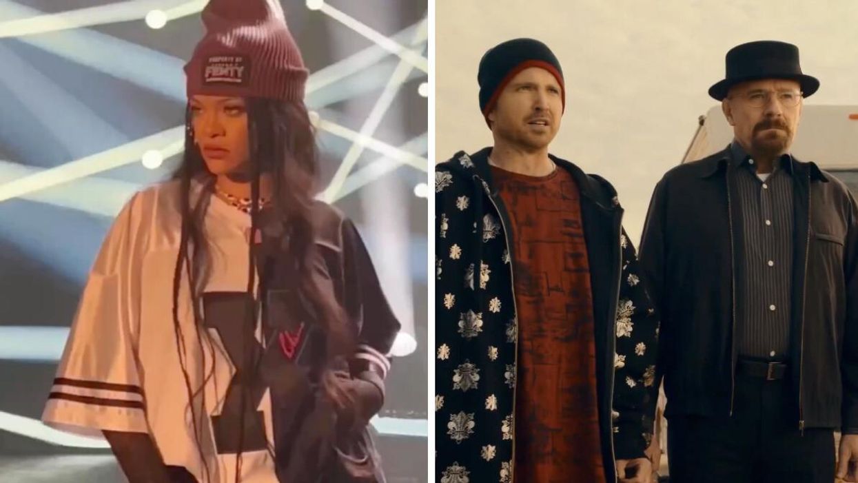 Rihanna. Right: Aaron Paul and Bryan Cranston as Jesse and Walt in PopCorners' Breaking Bad Super Bowl ad.