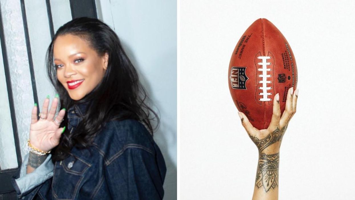 Rihanna waving. Right: Rihanna holding a football.