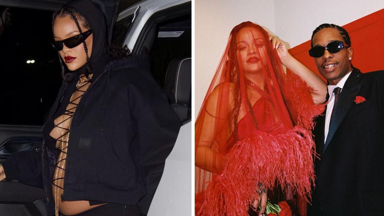 Rihanna wearing black getting out of a car. Right: Rihanna and A$AP Rocky dressed for an event.