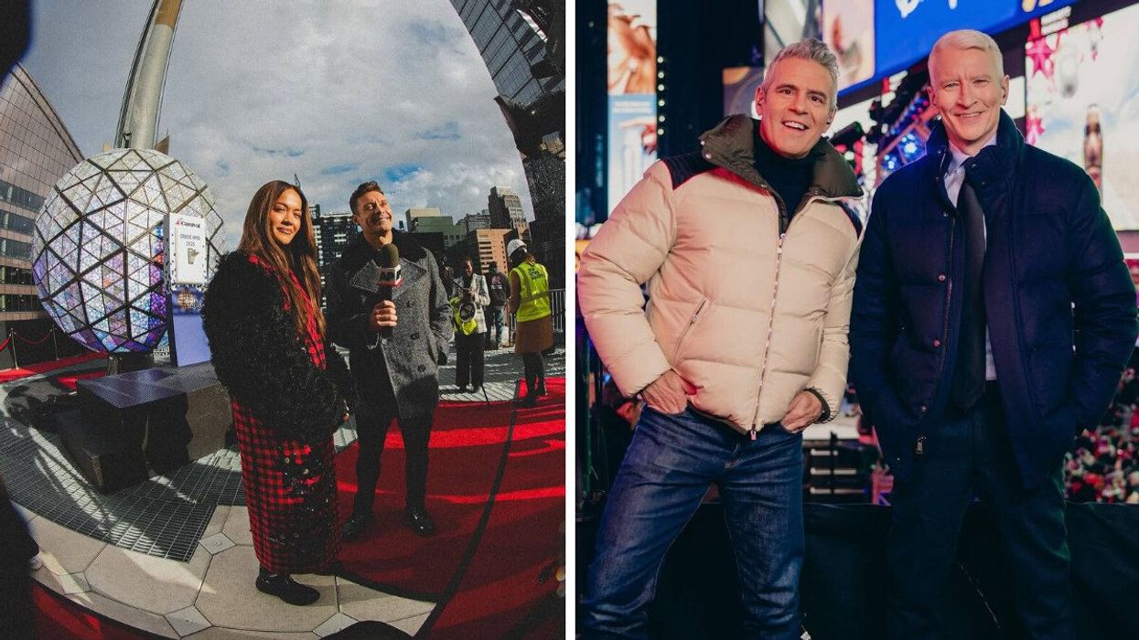 Rita Ora and Ryan Seacrest at the iconic Times Square ball drop. Right: Andy Cohen and Anderson Cooper on New Year's Eve 2024.