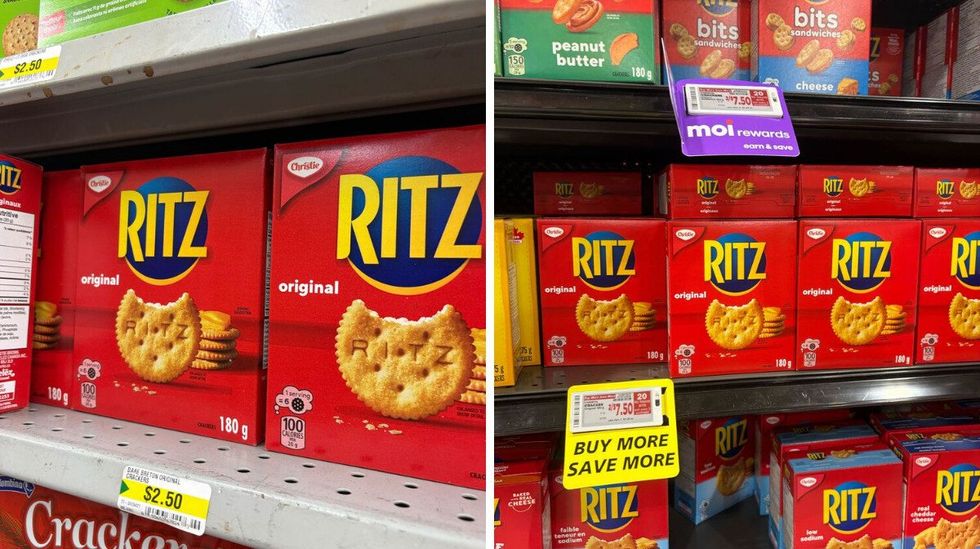 Ritz crackers at Dollarama. Right: Ritz crackers at Metro.