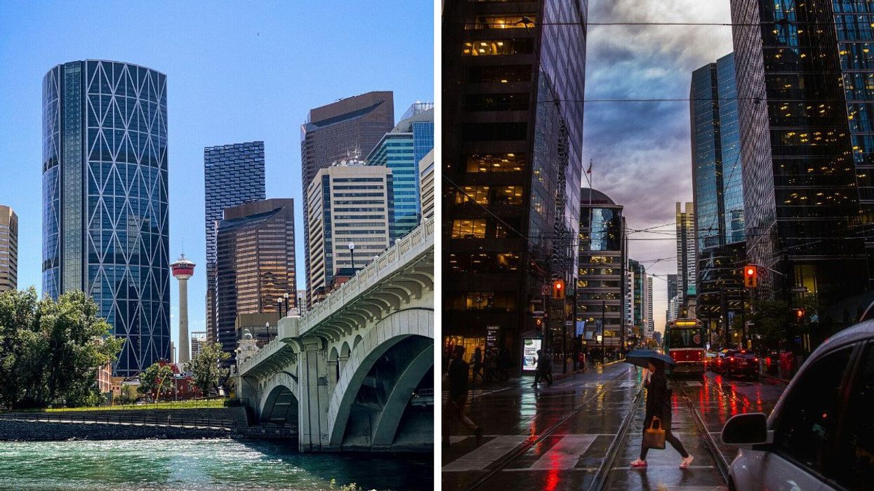 river in calgary with towers in the background. right: person crossing a street in toronto as it rains