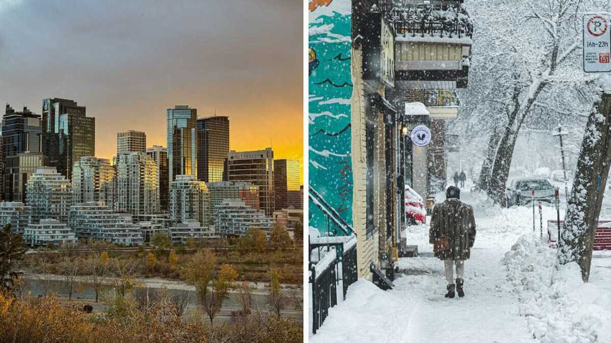 river, trees and buildings in calgary at sunset during fall. right: person walking along snowy montreal street