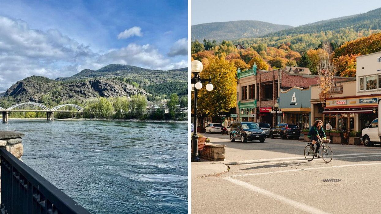 river with a bridge over it and mountains behind it in trail, bc. right: person riding a bike in downtown nelson, bc in autumn