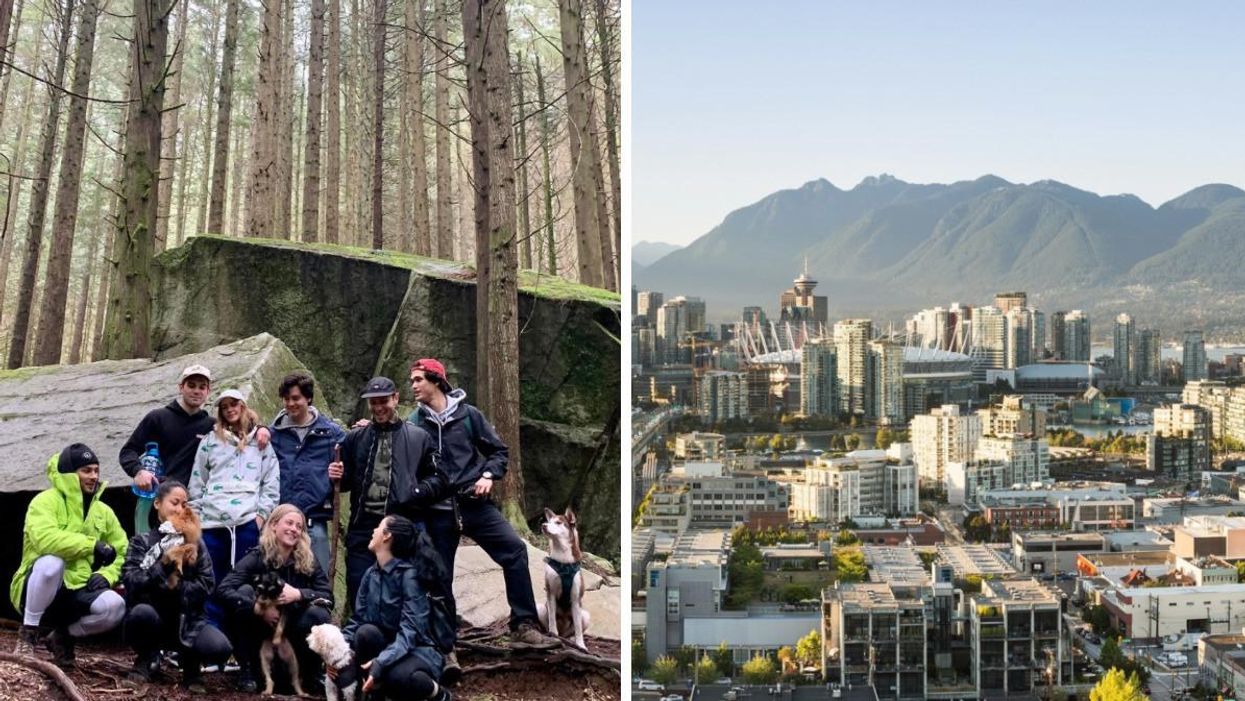 'Riverdale' cast in a forest. Right: Vancouver skyline.