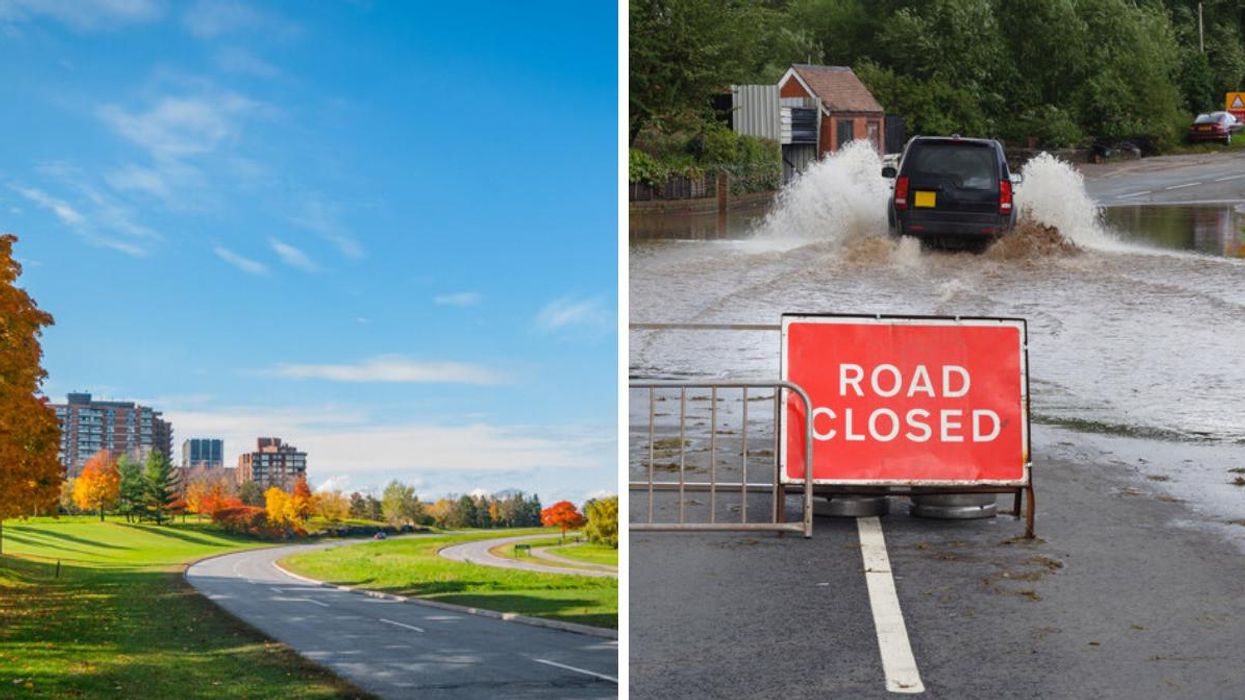 Riverside Parkway. RIght: Flooded road.
