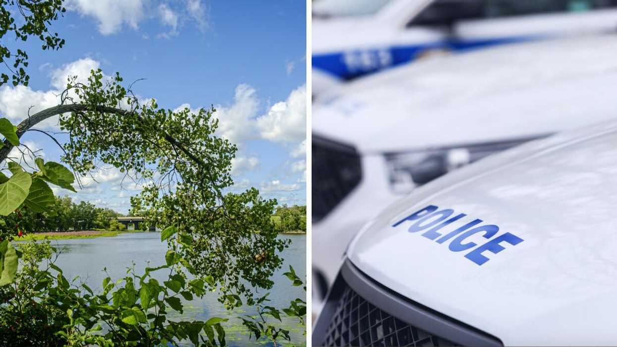 Rivière des Mille Îles in Quebec. Right: Police cars.