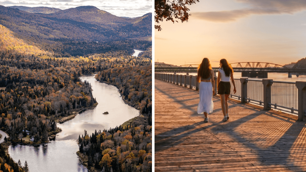 Rivière et montagnes aux couleurs d’automne au Québec. Droite: Deux personnes marchant au bord de l’eau au coucher du soleil.