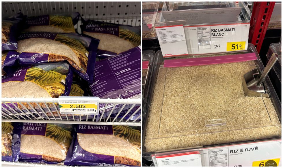 Riz basmati sur une tablette du Dollarama. Droite : Le contenant riz basmati en vrac du Bulk Barn.
