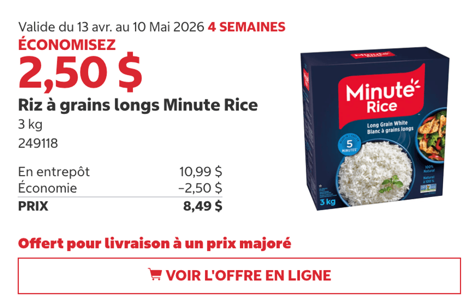 Riz \u00e0 grains longs Minute Rice au Costco.