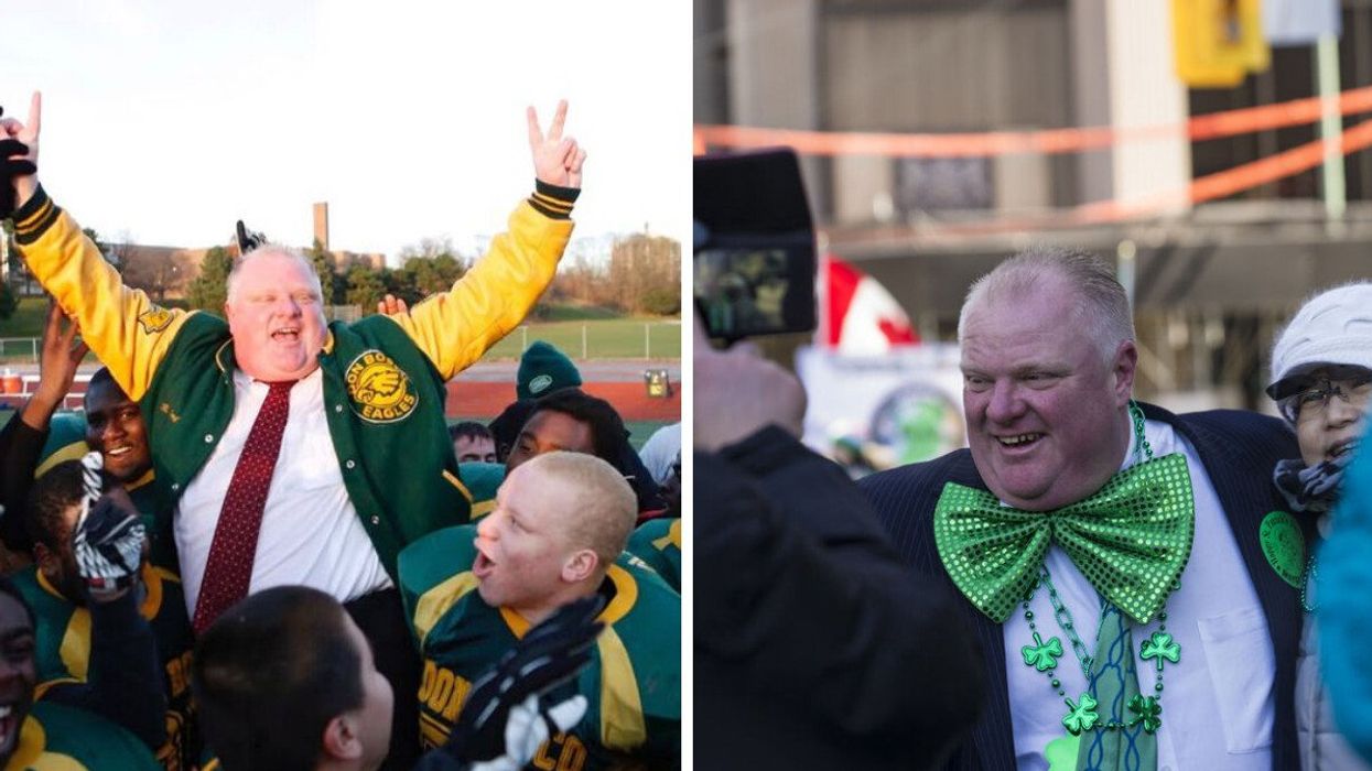 Rob Ford lifted in the air by Don Bosco Eagles players. Right: Rob Ford at the St. Patrick's Day parade.