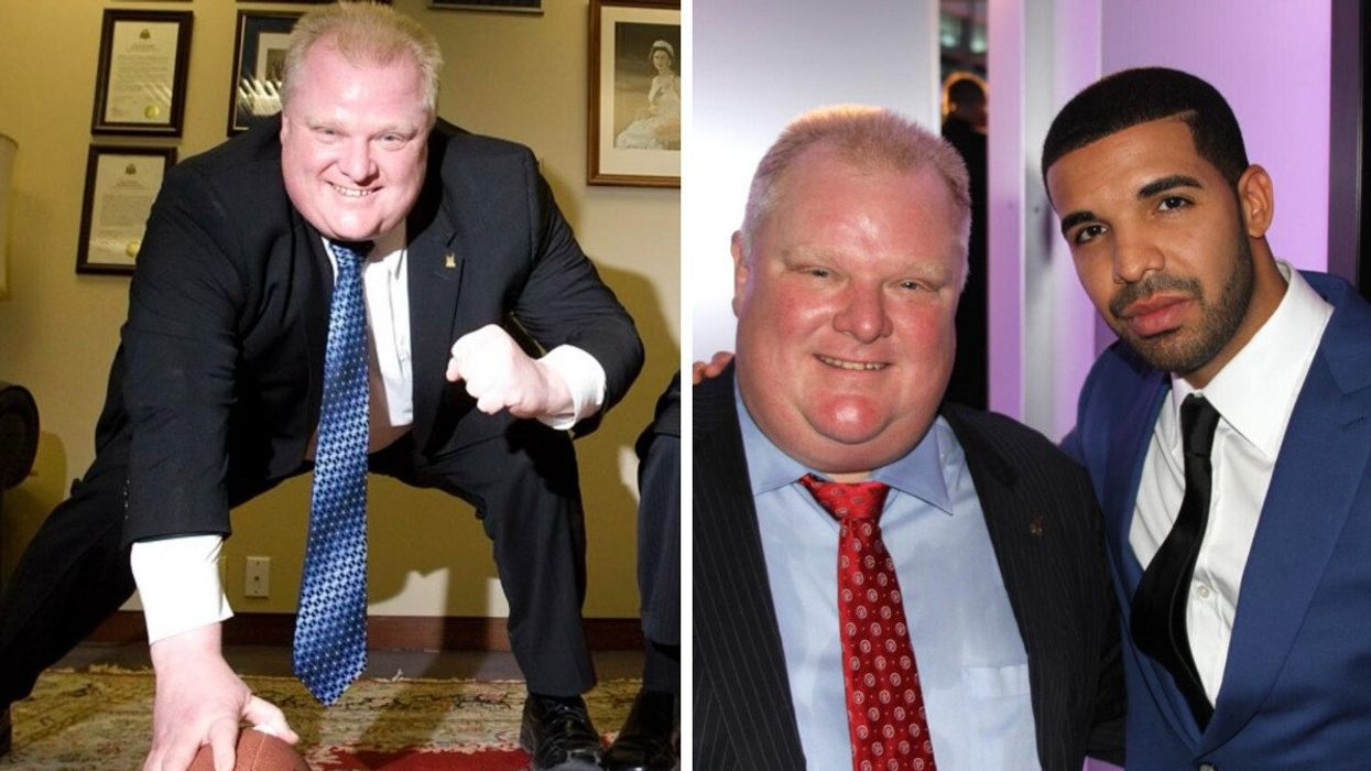 Rob Ford poses with a football. Right: Rob Ford alongside Drake in 2013.