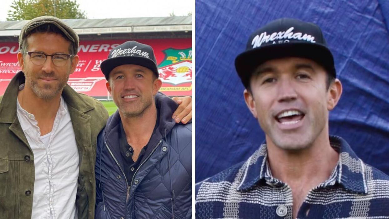 Rob McElhenney and Ryan Reynolds at Wrexham. Right: Rob McElhenney unveiling Ryan Reynolds' birthday gift.
