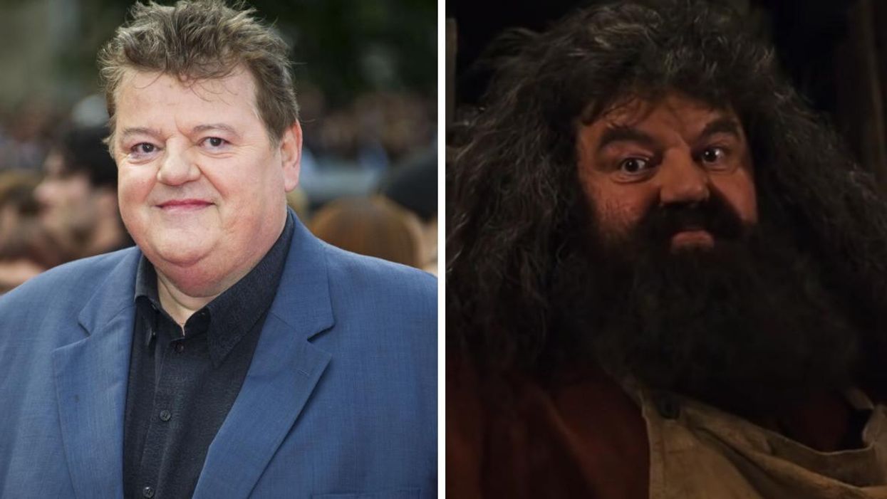 Robbie Coltrane. Right: Robbie Coltrane as Rubeus Hagrid in a Harry Potter film.