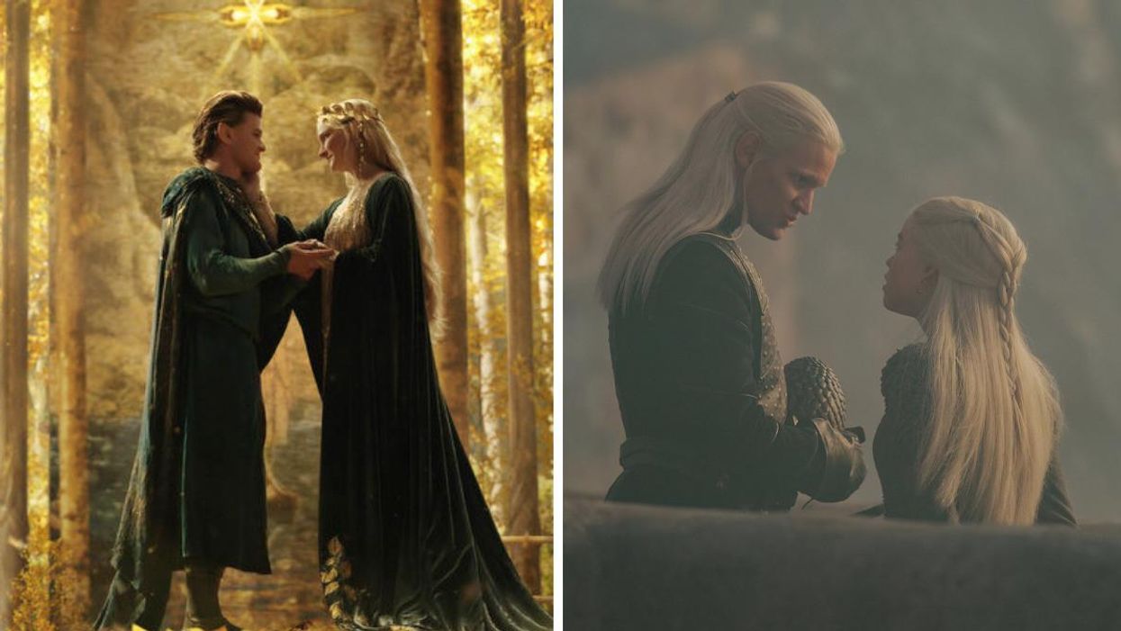 Robert Aramayo as Elrond and Morfydd Clark as Galadriel in “The Rings Of Power.” Right: Matt Smith as Daemon and Milly Alcock as Rhaenyra in “House Of The Dragon.”