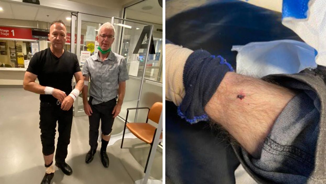 Robert Pagé and Bruce McConville. Right: Robert Pagé's leg wound.