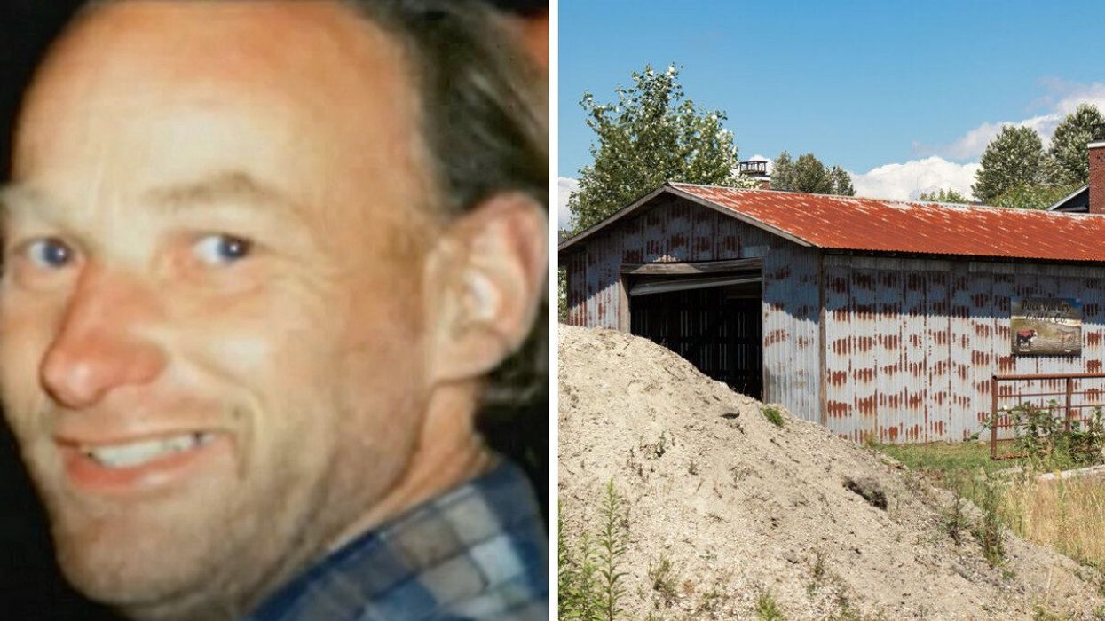 Robert Pickton. Right: The last barn standing on Robert Pickton's farm in July 2020.