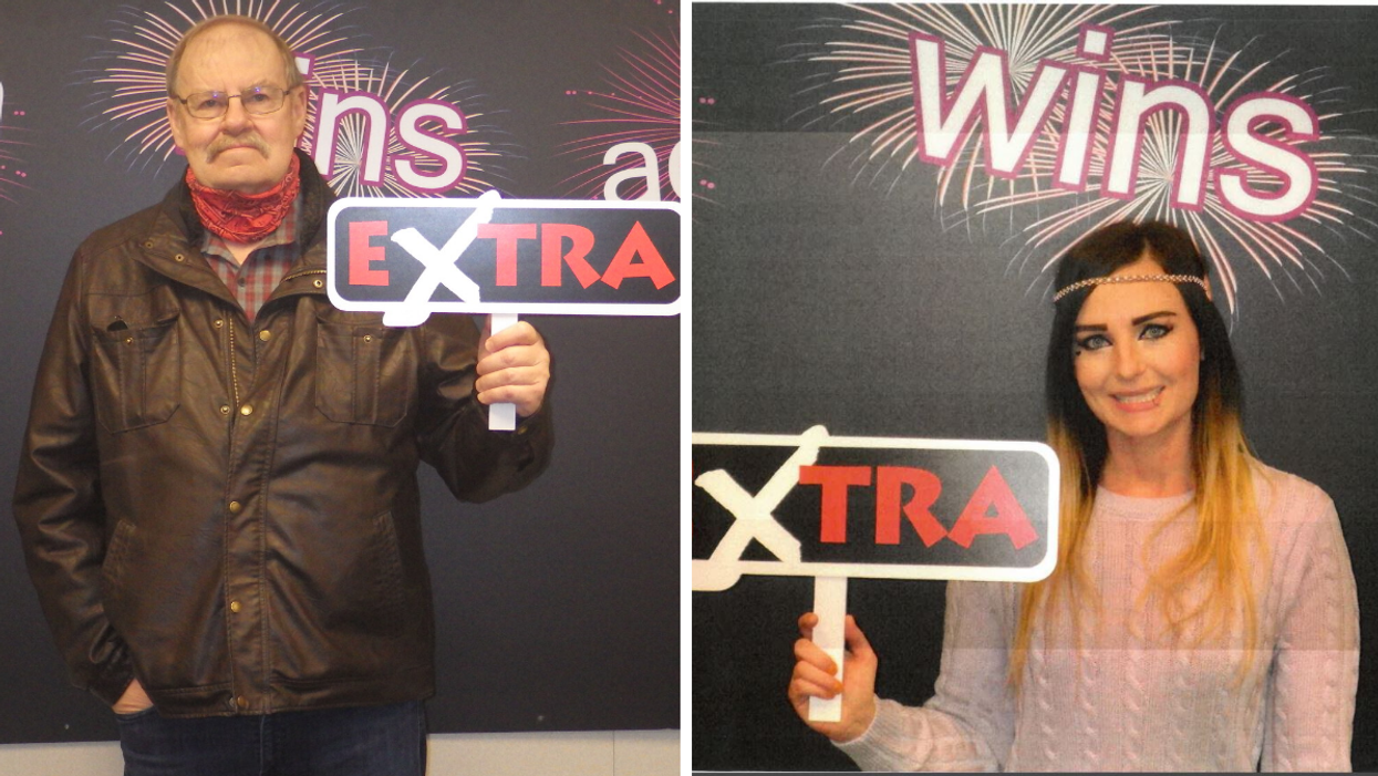 Robert Popick collecting his Lotto winnings. Right: Elysse Stiles collecting her Lotto winnings.